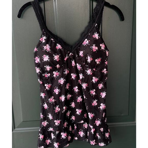 Y2K LEI Black Floral Babydoll Cami M Lace Trim Padded Bra Top 2000s Going Out - Picture 2 of 10